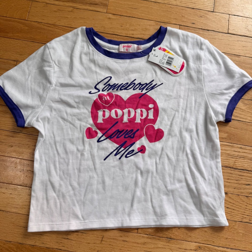Poppi Soda Somebody at Poppi Loves Me Ribbed Ringer Tee White Blue Large NEW